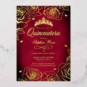 Red Gold Crown Rozen Theme Quinceanera Folie Uitnodiging