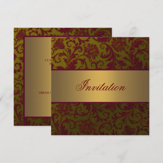 Red Gold Damask All Occasion Invitation Sjabloon Kaart (Voorkant / Achterkant)