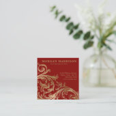 Red Gold Damask Baroque Swirl Vierkante Visitekaartje (Staand voorkant)