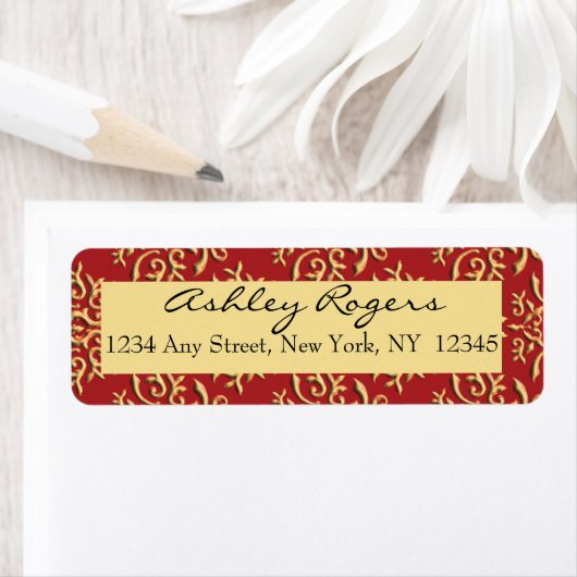 Red Gold Damask Bruiloft Retouradres Labels (Insitu)