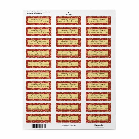 Red Gold Damask Bruiloft Retouradres Labels (Full Sheet)