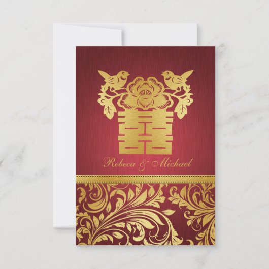 Red & Gold Damask, Chinees Dubbelgeluk RSVP (Voorkant)