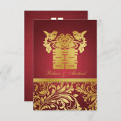 Red & Gold Damask, Chinees Dubbelgeluk RSVP (Voorkant / Achterkant)