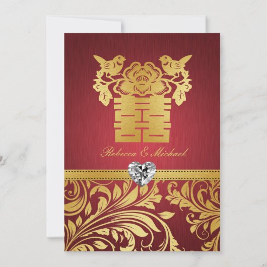 Red & Gold Damask, Chinese Double Happiness Invite Kaart (Voorkant)