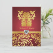 Red & Gold Damask, Chinese Double Happiness Invite Kaart (Staand voorkant)