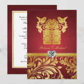 Red & Gold Damask, Chinese Double Happiness Invite Kaart (Voorkant / Achterkant)
