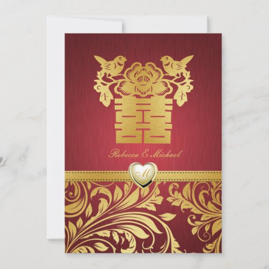 Red & Gold Damask, Chinese Double Happiness Invite Kaart (Voorkant)