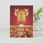Red & Gold Damask, Chinese Double Happiness Invite Kaart (Staand voorkant)