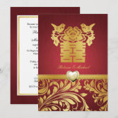 Red & Gold Damask, Chinese Double Happiness Invite Kaart (Voorkant / Achterkant)