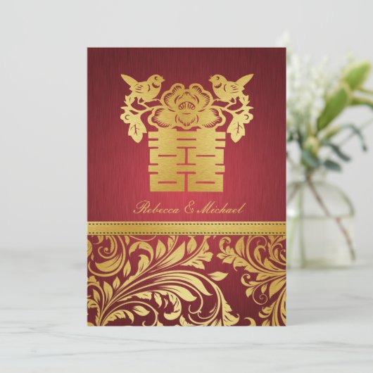 Red & Gold Damask, Chinese Double Happiness Invite Kaart (Staand voorkant)