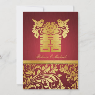 Red & Gold Damask, Chinese Double Happiness Invite Kaart