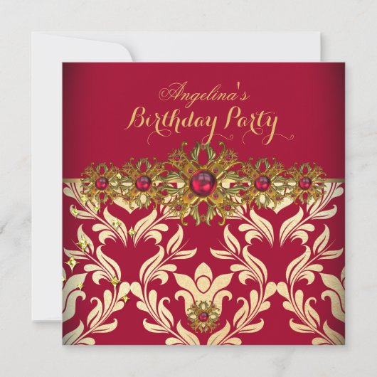 Red Gold Damask Elegant Birthday Party Kaart (Voorkant)