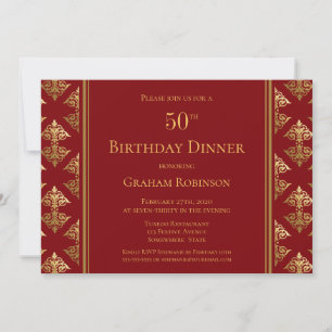 Red Gold Damask gepatterned 50th Birthday Dinner Kaart