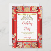 RED Gold Damask Gray Tiara Birthday Party Kaart (Voorkant)
