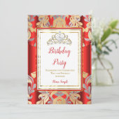 RED Gold Damask Gray Tiara Birthday Party Kaart (Staand voorkant)
