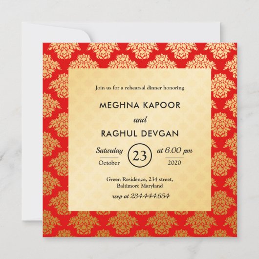 Red Gold Damask Pattern Indian Rehearsal Dinner Kaart (Voorkant)