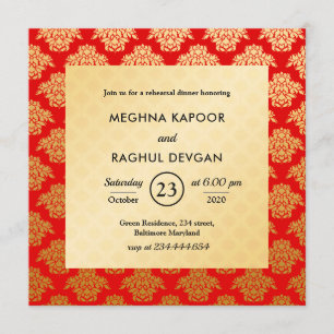 Red Gold Damask Pattern Indian Rehearsal Dinner Kaart