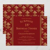 Red Gold Damask Surprise 18th Birthday Dinner Kaart (Voorkant / Achterkant)
