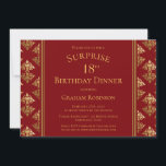 Red Gold Damask Surprise 18th Birthday Dinner Kaart<br><div class="desc">Een elegante rode en gouden vodderige verrassing verraste de uitnodiging van het 18e verjaardagsdiner.</div>