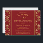 Red Gold Damask Surprise 18th Birthday Dinner Kaart<br><div class="desc">Een elegante rode en gouden vodderige verrassing verraste de uitnodiging van het 18e verjaardagsdiner.</div>