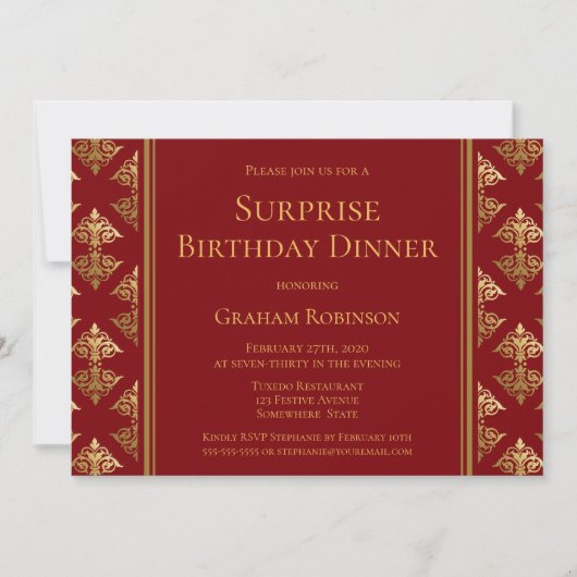 Red Gold Damask Surprise Birthday Dinner Kaart (Voorkant)