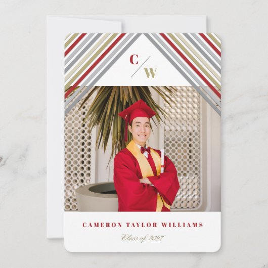 Red Gold Diagonal Stripes Modern Graduparty Kaart (Voorkant)