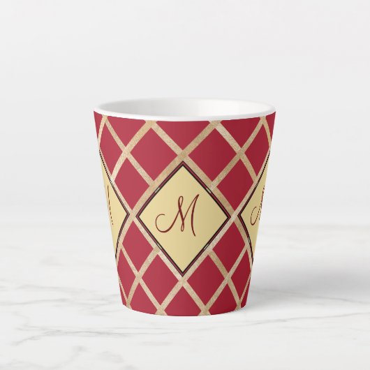 Red Gold Diamond Geometric Pattern Monogram Latte Mok (Voorkant)