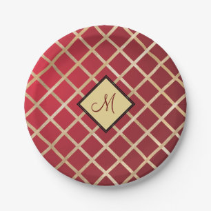 Red Gold Diamond Geometric Pattern Monogram Papieren Bordje