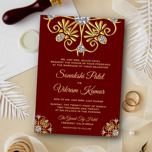 Red Gold Diamond Mandala Indian Wedding Invitation Kaart