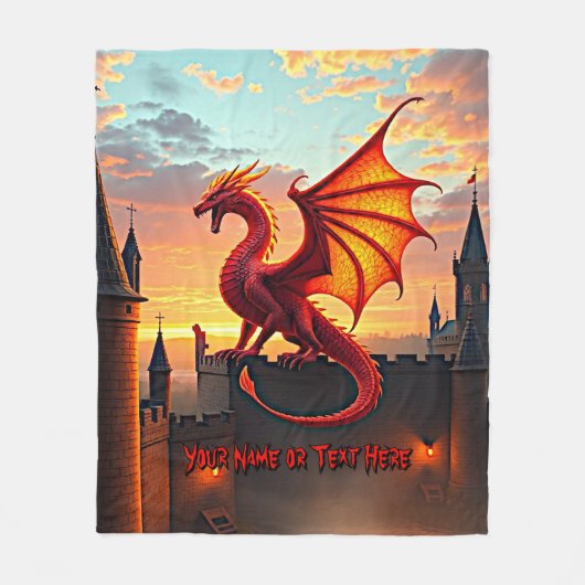 Red & Gold Dragon Guarding Castle Fleece Deken (Voorkant)