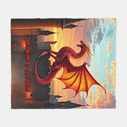 Red & Gold Dragon Guarding Castle Fleece Deken (Voorkant (Horizontaal))