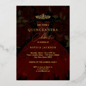 Red Gold Dress Tiara Quinceanera Folie Folie Uitnodiging (Voorkant)