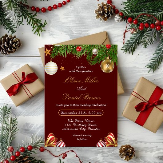 Red,Gold Elegant Christmas holiday winter Wedding Kaart