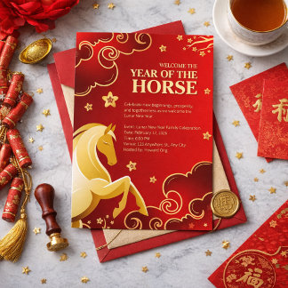 Red Gold Elegant Lunar New Year Horse Kaart