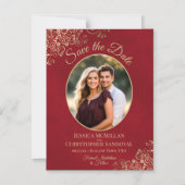 Red & Gold Elegant Wedding Save Date Oval Photo Magnetische Uitnodiging (Voorkant)