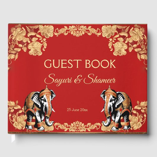 Red gold elephants Indian wedding personalized Gastenboek (Voorkant)