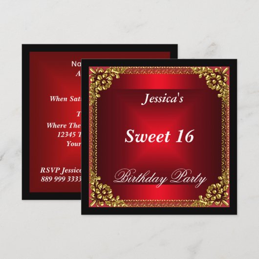 Red Gold en Black Sweet 16 Birthday Party Kaart (Voorkant / Achterkant)