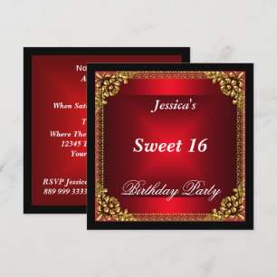 Red Gold en Black Sweet 16 Birthday Party Kaart
