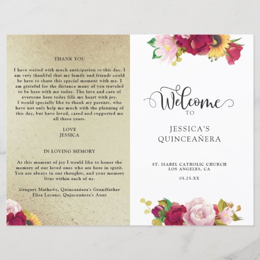 Red Gold en Yellow Floral Quinceanera Programme (Voorkant)