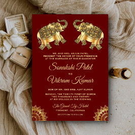 Red Gold Ethnic Elephants Indian Wedding Invite Kaart