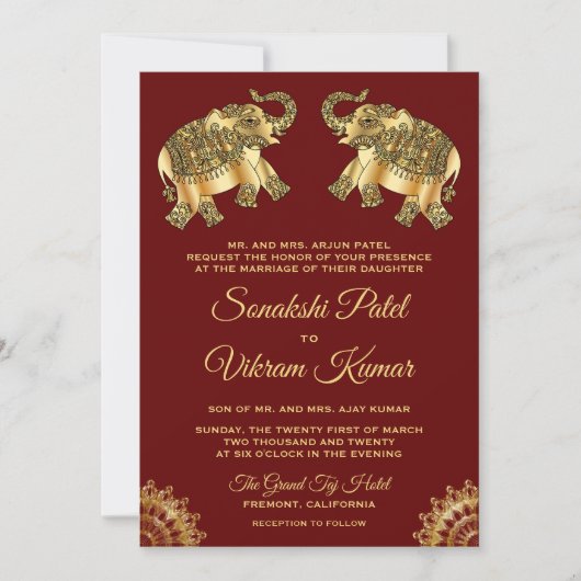 Red Gold Ethnic Elephants Indian Wedding Invite Kaart (Voorkant)