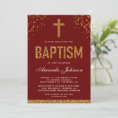 Red Gold Faux Glitter Cross Royal Baptisme Kaart (Staand voorkant)