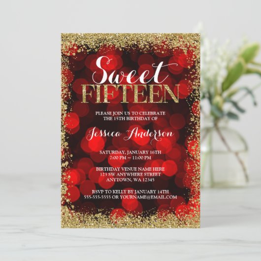 Red Gold Faux Glitter Lights Sweet 15 Quinceanera Kaart (Staand voorkant)