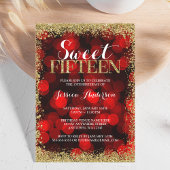 Red Gold Faux Glitter Lights Sweet 15 Quinceanera Kaart