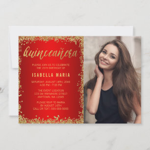 Red Gold Faux Glitter Quinceanera 15th Photo Kaart