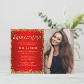 Red Gold Faux Glitter Quinceanera 15th Photo Kaart (Staand voorkant)