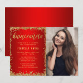 Red Gold Faux Glitter Quinceanera 15th Photo Kaart (Voorkant / Achterkant)