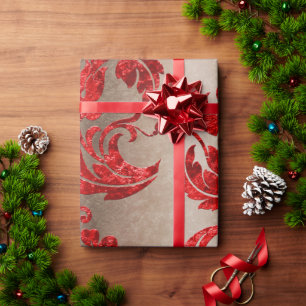 Red Gold Faux Velvet Damask Elegant Cadeaupapier