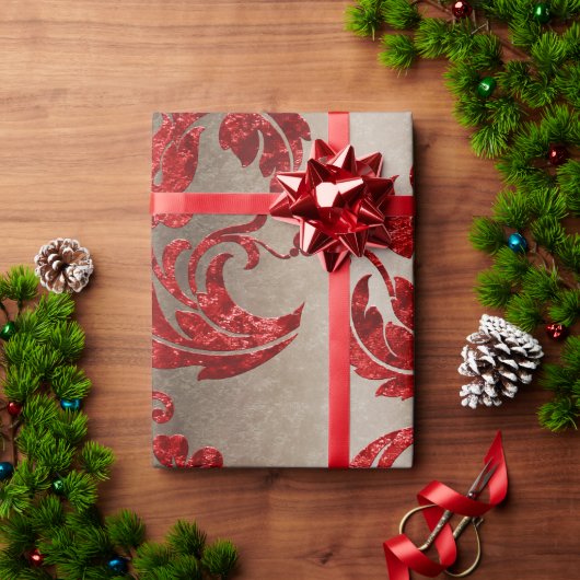 Red Gold Faux Velvet Damask Elegant Cadeaupapier (Feestdagen Geschenken)
