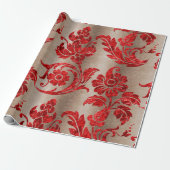 Red Gold Faux Velvet Damask Elegant Cadeaupapier (Uitgerold)